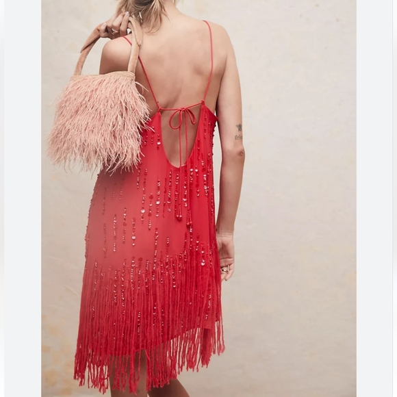 NWT- FREE PEOPLE CRYSTAL CLEAR FRINGE SPARKLE BEADED MINI DRESS RED - Picture 7 of 7